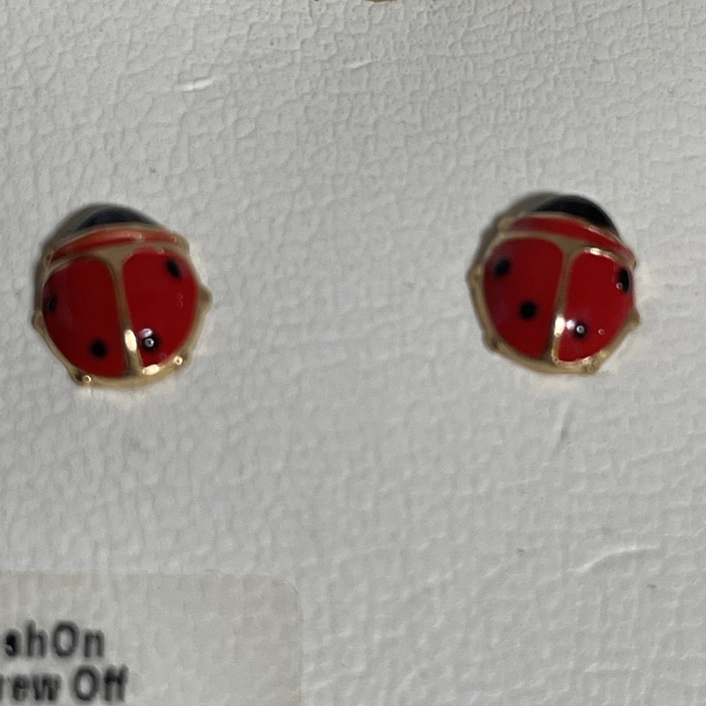 14 Kt. Gold Enamel Lucky Lady Bug‎ Stud Earrings Screw Off Safety Back